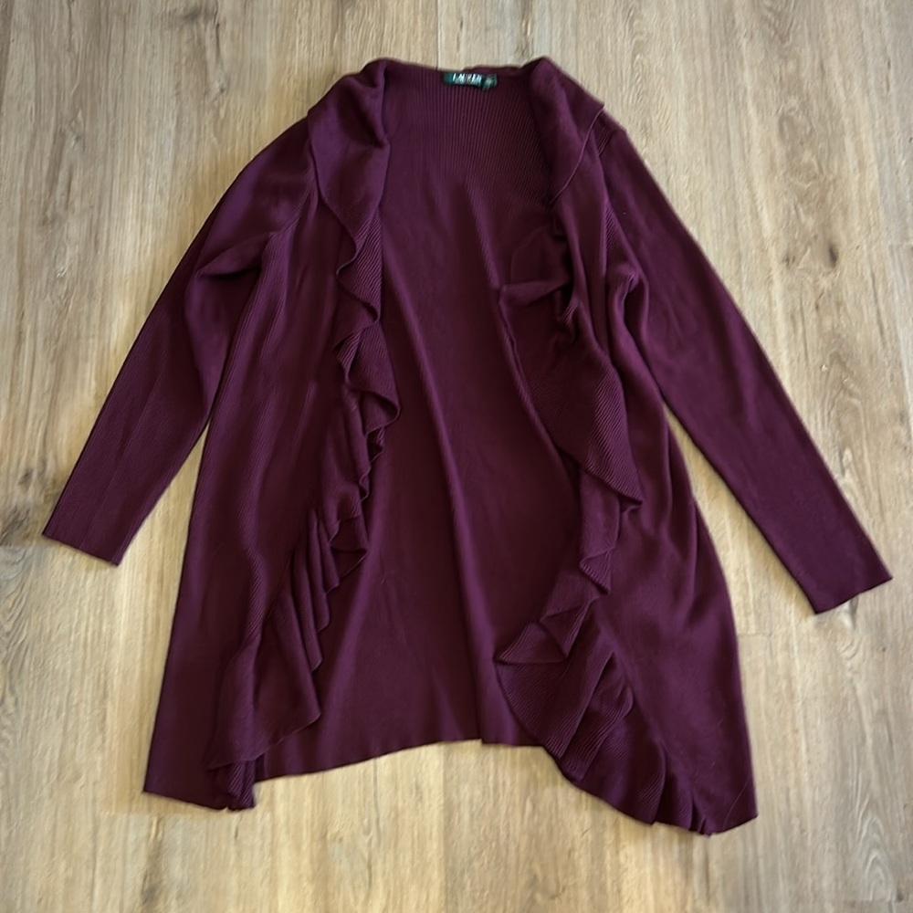 Lauren Ralph Lauren Maroon Burgundy Red long sleeve cardigan open sweater - Picture 2 of 11